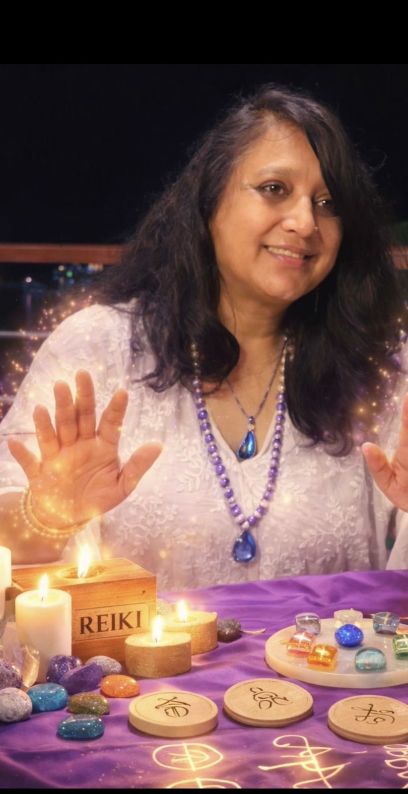 Reiki healing table with crystals and candles
